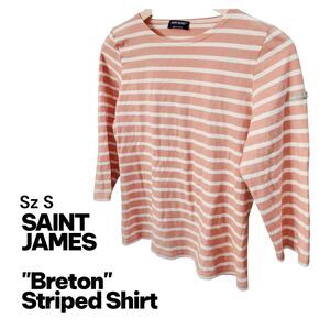 SAINT JAMES BRETON Sz S Coral Striped ¾ Sleeve Logo Fitted Casual Blouse Shirt